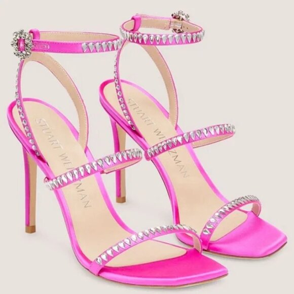 Stuart Weitzman Gemcut 100 Strappy Crystal Sandal in Flamingo Pink